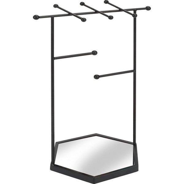 Zwarte sieradenorganizer, sieradenstandaard met zeskantige sokkel, 3-traps metalen sieradenorganizer met spiegelbasis, voor het opbergen van cosmetica, oorbellen, armbanden, ringen en