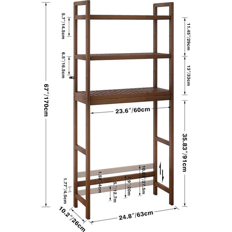 Toiletrek, bamboe wc-rek, verstelbaar wasmachinerek, badkamerrek met 3 legplanken, ruimtebesparend, eenvoudig te monteren, walnoot