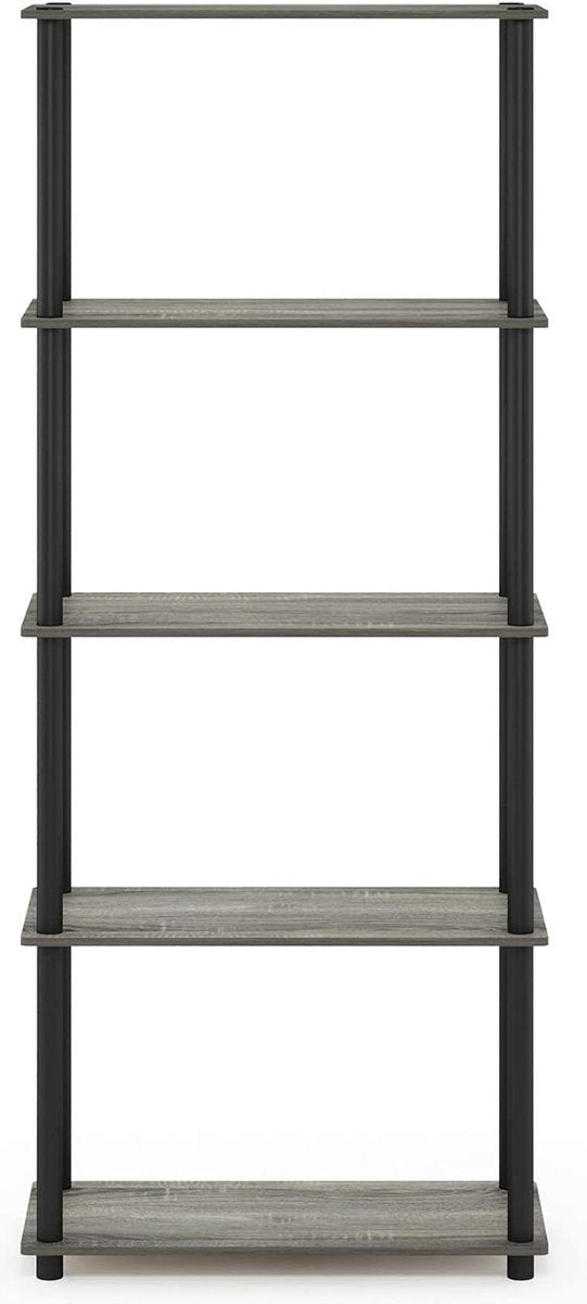 Turn-N-Tube 5-laags multifunctioneel boekenplankopbergrek met ronde buizen, Frans eiken/zwart, 59,9 (breedte) x 145,8 (hoogte) x 29,5 (diepte) cm