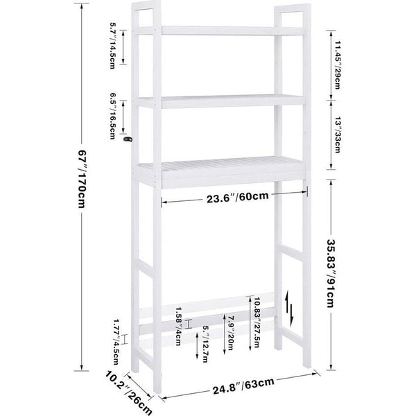 Toiletrek, bamboe wc-rek, verstelbaar wasmachinerek, badkamerrek met 3 legplanken, ruimtebesparend, gemakkelijk te monteren, wit