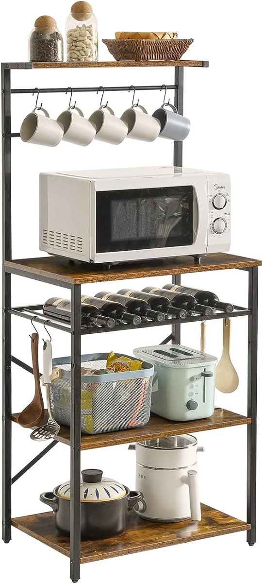 Keukenrek met 5 planken, bakkersrek, staand rek, magnetronrek met verstelbare wijnhouders en S-haken, multifunctionele organizer, voor magnetron, kookgerei, bruin-zwart