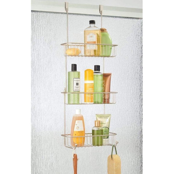 Douchemand om op te hangen aan de douchedeur, mooie doucheplank zonder boren, doucheplank van metaal met drie manden en vier haken voor allerlei douche-accessoires, matzilverkleurig