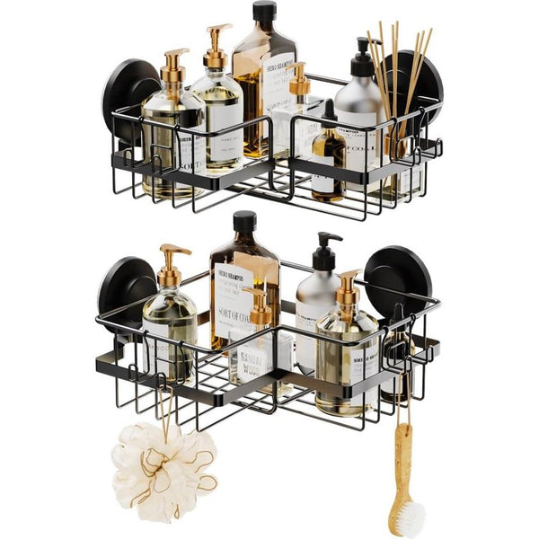 Corner Shower Caddy Suction Cup Shower Shelf No Drilling Shower Corner Basket Suction Heavy Duty Max Hold 10 kg for Bathroom & Kitchen Corner Shower Rack Black in Iron
