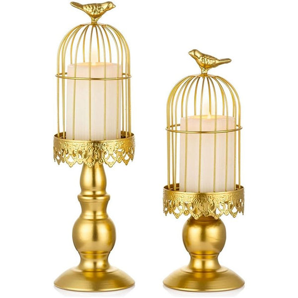 vintage vogelkooi kaarsenhouder, decoratieve kaarsenhouder voor bruiloften en eettafels, ijzeren kandelaar met uitgesneden figuren, goud