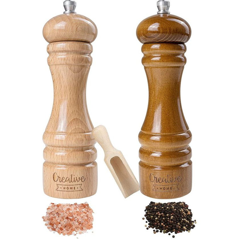Creative Home Grote Houten Peper en Zoutmolen | Set van 2 met Mini Houten Lepel | 18 x 5 cm | Beukenhout | Handmatig