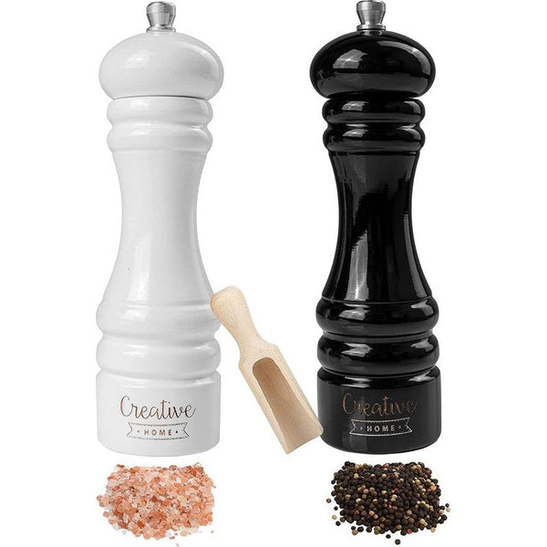 Creative Home Grote Houten Peper en Zoutmolen Wit Zwart| Set van 2 met Mini Houten Lepel | 18 x 5 cm | Beukenhout | Handmatig