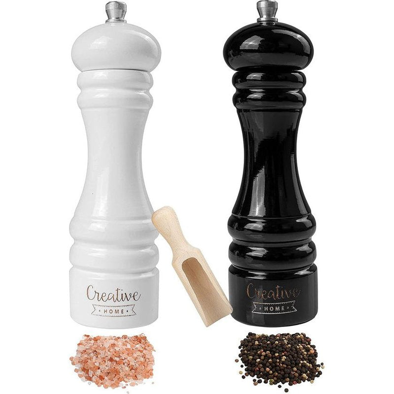 Creative Home Grote Houten Peper en Zoutmolen Wit Zwart| Set van 2 met Mini Houten Lepel | 18 x 5 cm | Beukenhout | Handmatig