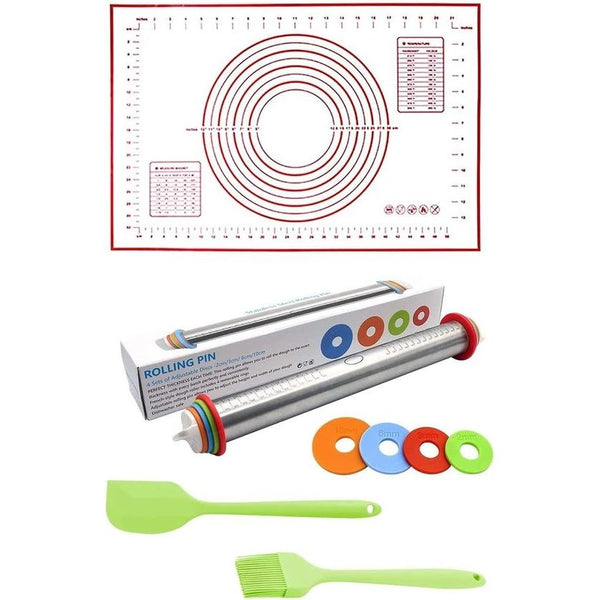 Deegroller, deegroller, roestvrij staal, deegroller met siliconenmat, crèmespatel, borstel (type 1)