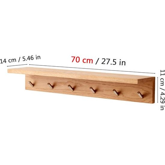 Coat Rack 70 cm, Coat Hook with 6 Hooks, Wall Coat Rack with Shelf, Wall Shelf, Solid Oak Floating Shelf, Wooden Wall for Bedroom, Living Room, Kitchen, Coats