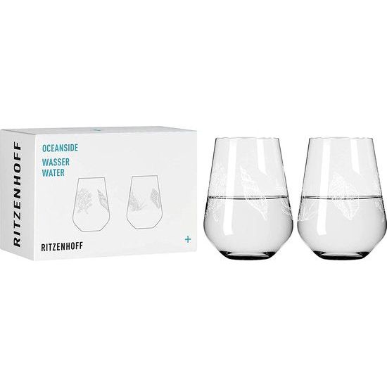 waterglas 400 ml – set van 2 – serie Oceanside nr. 1 – 2 stuks met schelpmotief – Made in Germany, wit