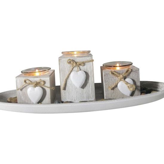 Windlicht dienblad van hout grijs zwart wit met harten (grijs)