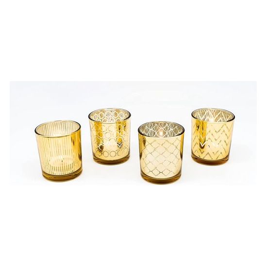 Theelichtglazen set van glas incl. theelichtjes - kleine edele theelichtkaarsenhouder met versieringen - windlichten kaarsglas - geschenkdecoratie voor bruiloft, verjaardag, Kerstmis (goud set van 4)