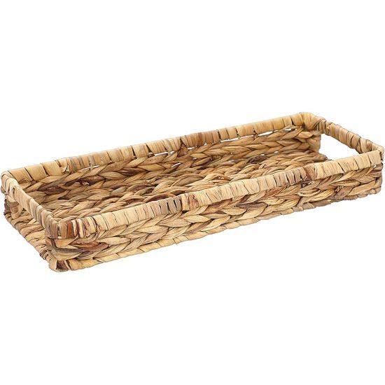 Geweven tablet van waterhyacint, zeegras met handgrepen, bruin waterdichte rechthoekige opbergmand in badkamer, slaapkamer, toiletafdekking als decoratie, cadeau, 43 x 16 x 5 cm