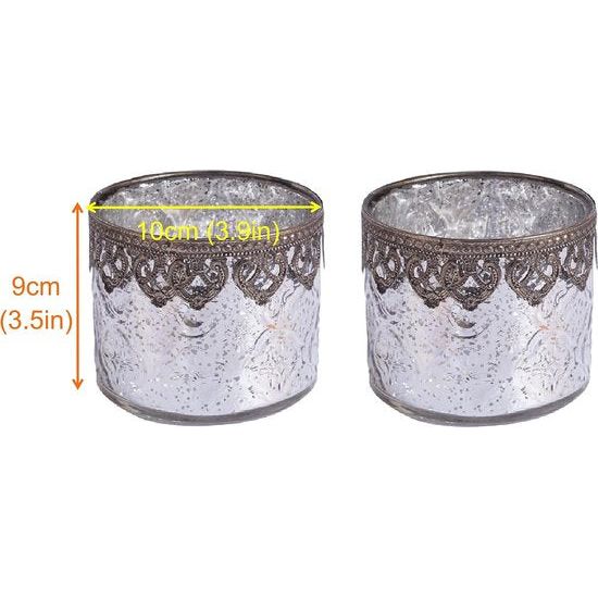 Set van 2 glazen theelichthouders kaarsglazen theelichtglazen geschenk cilindrische vorm elegant zilver diameter 10 cm x hoogte 9 cm