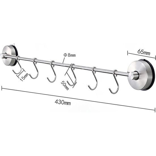 Kitchen Hook Rail without Drilling, Suction Cup Kitchen Rail with 7 Hooks, Waterproof Bathroom Hook, Stainless Steel Never Rust, 5 kg Load Capacity, Brushed Finish