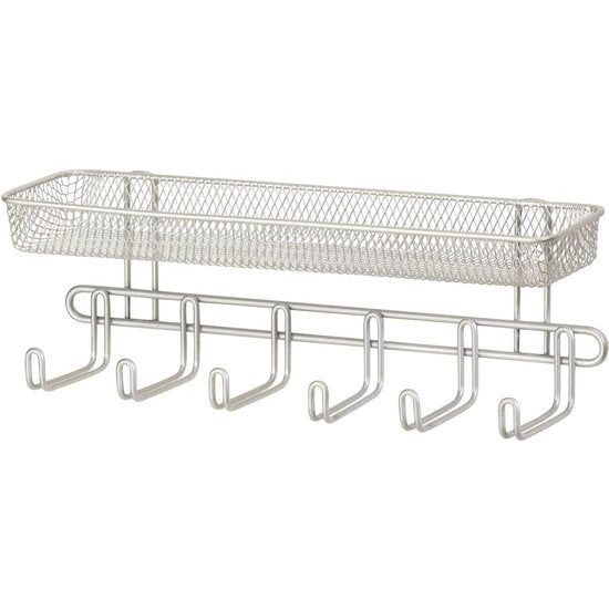 Sieradenopberger om op te hangen, wandmontage, met 6 haken en een vak, 27,9 cm, modieuze sieradenorganizer voor brillen, kettingen en accessoires, sieradenhouder om op te hangen, kleur: gesatineerd