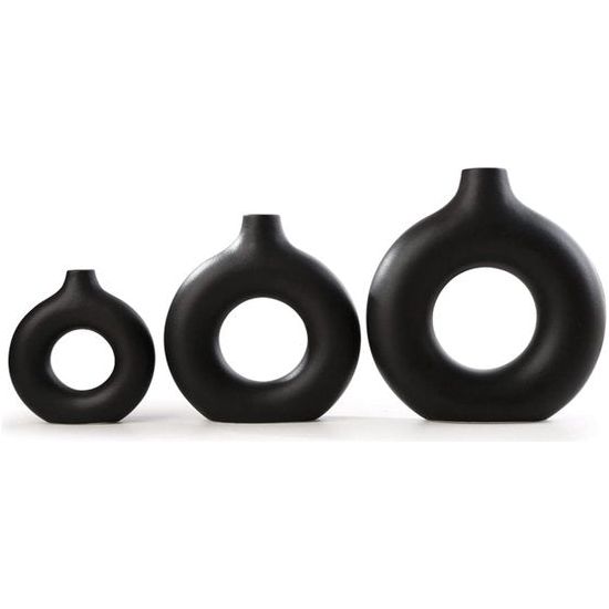 Vaas voor pampasgras, keramische vaas, mat zwart, decoratie, moderne droogbloemen, bloemenvaas, donutvaas, hol design, voor tafeldecoratie thuis, kantoor, decoratie, L+M