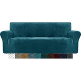 Thick fluwelen bankovertrekken, 3-zits - super stretch, antislip, voor honden- en kattenharen, huisdiervriendelijk- 1-delige elastische meubelbescherming, pluche bankovertrekken, 3-zits - Zwartgroen