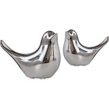 Set van 2 vogelbeelden, moderne dierensculpturen, keramische huissculptuur decoratie voor ornamenten in de woonkamer, slaapkamer, kantoor, bureau en kasten (zilver)