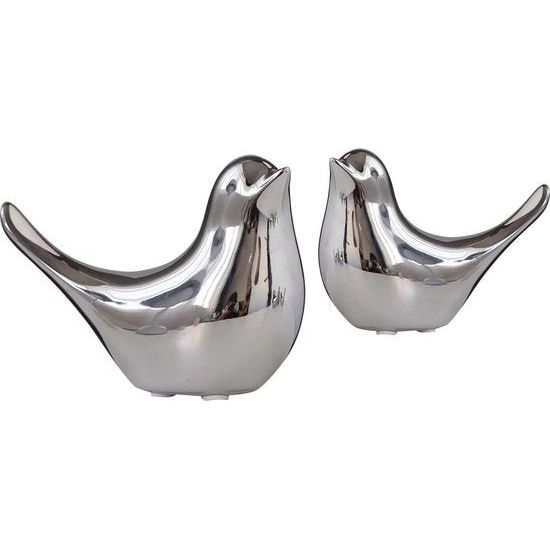 Set van 2 vogelbeelden, moderne dierensculpturen, keramische huissculptuur decoratie voor ornamenten in de woonkamer, slaapkamer, kantoor, bureau en kasten (zilver)