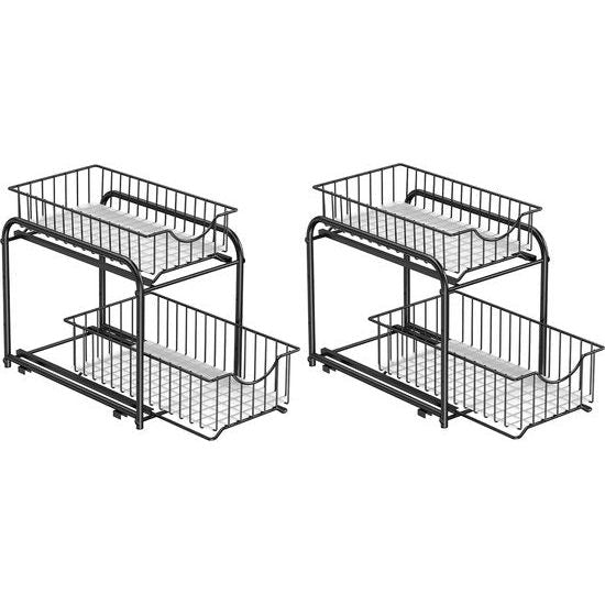 Keukenkast organizer, set van 2, keukenrek, opbergsysteem, 2 niveaus, stapelbaar, uitbreidbaar, met metalen manden, voor keuken, klassiek zwart