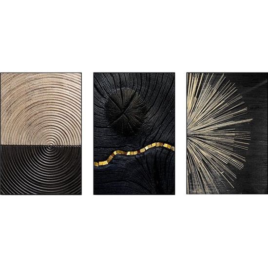 Set van 3 design-posters, wandschilderijen, Nordic zwart-wit, goud, jaarringlijnen, zonder lijst, wandschilderij print kunstposter, decoratie voor de woonkamer (40 x 50 cm)