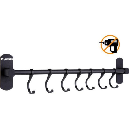Keukenhaakrail zonder boren Zelfklevende keukenrail met 7 haken, kledinghaken Boren niet nodig, 20 kg draagvermogen, aluminium, matte afwerking, zwart