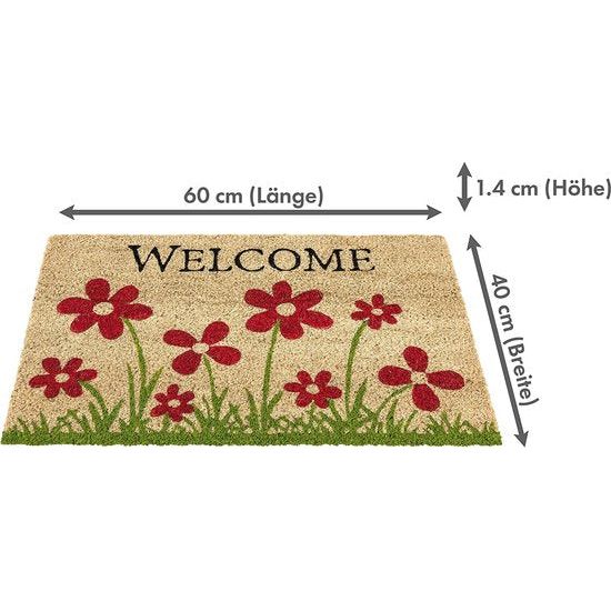 Voetmat kokos bloemenweide natuur – deurmat 40x60 cm – antibacteriële ingangsmat – kokosmat met vinylrug – natuurlijk materiaal – 100% kokos