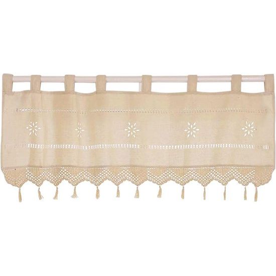 Bistrogordijn, landelijke stijl, vintage, paneelgordijn, landhuisstijl, beige, gehaakt, hol, kort gordijn met kwastjes, bistrogordijn, raamgordijnen, kort, 1 stuk, 40 x 150 cm (h x b)