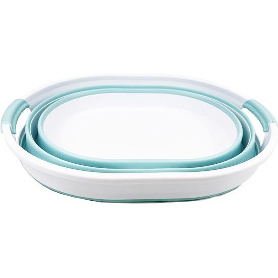 Wasmand van kunststof, inklapbaar, 23 l, ovale kuip/mand, opvouwbare opbergcontainer/organizer, draagbare wasmand, ruimtebesparende wasmand (1, wit/zeegroen)
