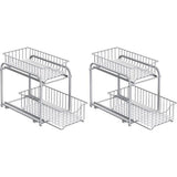 Keukenkast organizer, set van 2, keukenrek, opbergsysteem, 2 niveaus, stapelbaar, uitbreidbaar, met metalen manden, voor keuken, metallic zilver