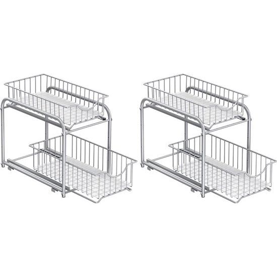 Keukenkast organizer, set van 2, keukenrek, opbergsysteem, 2 niveaus, stapelbaar, uitbreidbaar, met metalen manden, voor keuken, metallic zilver