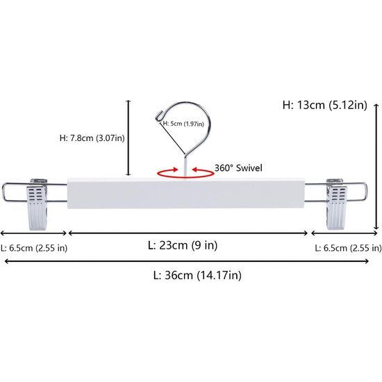 10 stuks 36 cm witte kleerhangers van hout, robuust en glanzend, ophanghaken voor broeken, shorts, rok, sokken, ondergoed, met antislip clips en draaibare haken