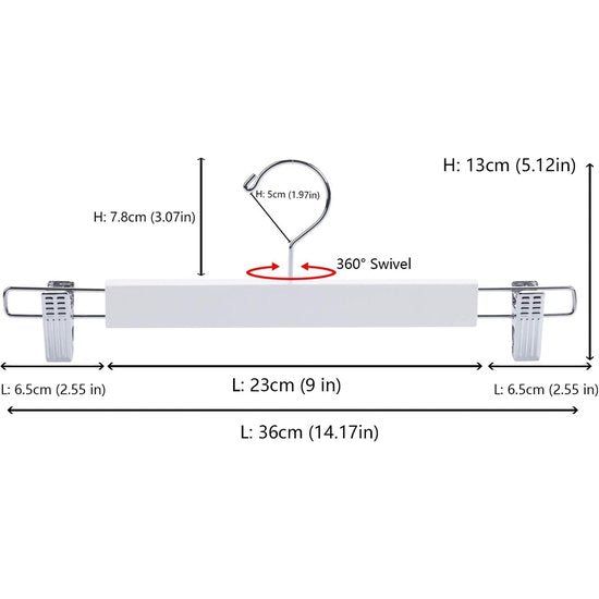 Pack of 20 36 cm White Wooden Hangers, Robust and Shiny Trouser Hangers for Trousers, Shorts, Skirt, Socks, Underwear, with Non-Slip Clips and Rotating Hooks