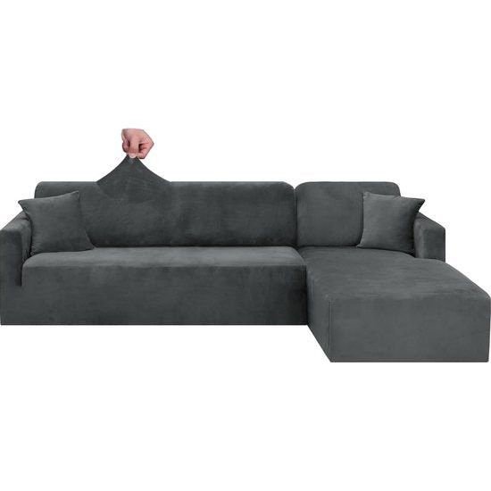 Fluwelen Peninsula bankovertrek, 2-delige bankovertrek links/rechts hoek, Chaise Longue bankovertrek met twee kussenslopen, L-vorm schiereiland bankovertrekken (3-zits + 3-zits, grijs)
