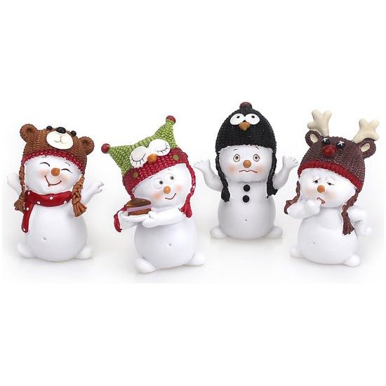 Set van 4 decoratieve figuren, grappige sneeuwpoppen, elk 8 cm, gemaakt van polysteen, wit van kleur, met kleurrijke wintermutsen. Deze sneeuwpoppen zijn perfecte decoratieve figuren voor de winter en Kerstmis.