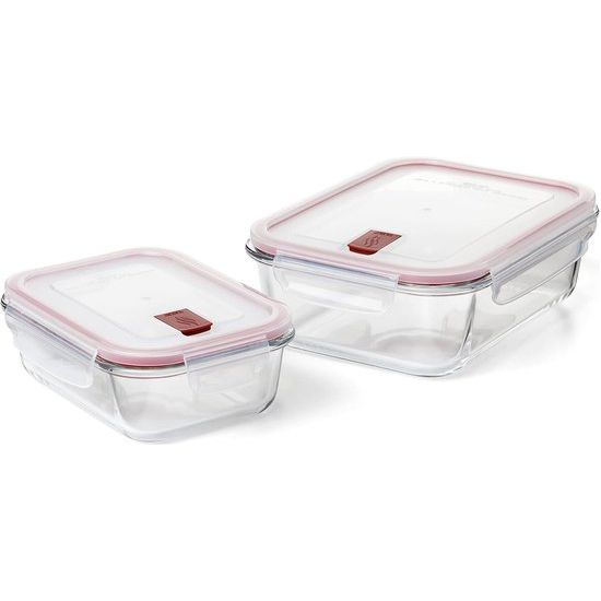 Set van 2 Cook&Eat lunchboxen (0,64 l en 1,5 l), glas, luchtdicht, clipdeksel, BPA-vrij, magnetron, oven, vriezer en vaatwasserbestendig, rode kleur