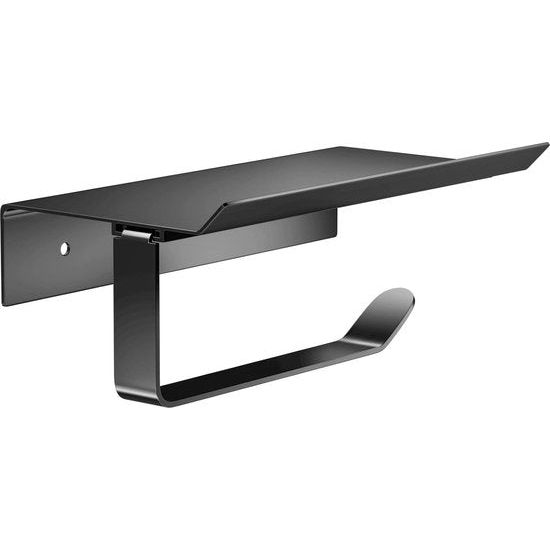 Space aluminium toiletrolhouder met ruime planken, toiletrolhouder wandhouder voor toilet en keuken, zonder boren met plank (zwart)