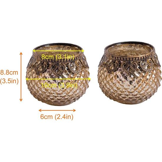 Set van 2 glazen theelichthouders, kaarsenpotten, theelichtglazen, geschenk, bolvorm, koninklijk goud, diameter 8 cm x hoogte 8,8 cm