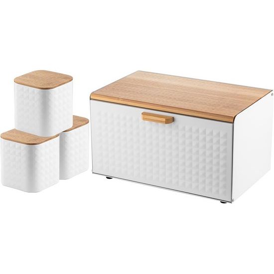 Bread Bin Including Set of 3 Storage Containers Cube I Bread Box Made of Steel and Bamboo Lid I Spacious and Modern Bread Container I 3 Storage Jars for Coffee Tea Sugar I Colour: White