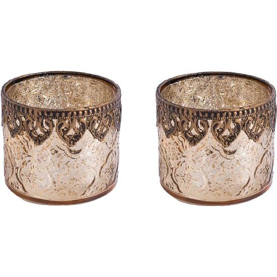 Set van 2 glazen theelichthouders kaarsglazen theelichtglazen cadeau cilindrische vorm koninklijk goud diameter 10 cm x hoogte 9 cm