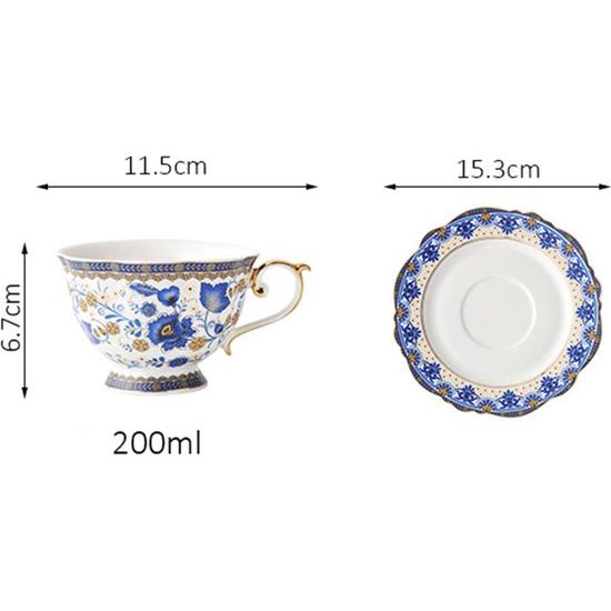 Blauwe bloem Fine Bone China theekopset, vintage porseleinen koffiekop en schotel, 200 ml