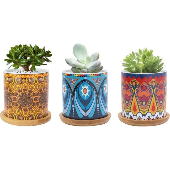 Vetplantpot van 7,5 cm, keramische cactusplantpot met mandalapatroon, kleine plantenpot voor binnen en buiten met bamboeplaat, set van 3