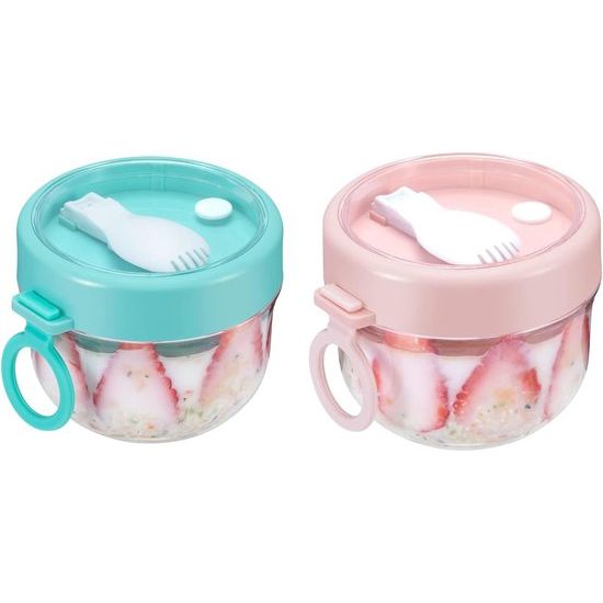 Overnight Oats potten set van 2, 600 ml Overnight Oat containers met deksel en lepel, magnetronverwarming, soepbeker, draagbare lekvrije plastic ontbijtbeker, yoghurtontbijtbeker