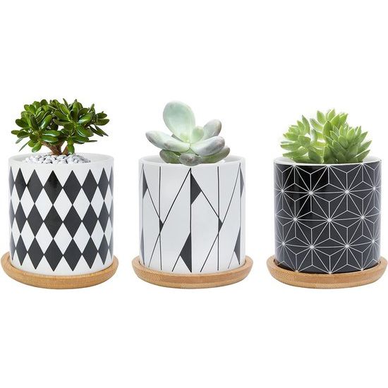 7,5 cm sappige bloempot, geometrische patroon keramische cactus bloempot, kleine indoor/outdoor plantenpot met bamboe plaat, set van 3