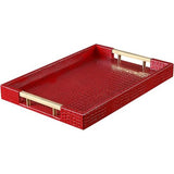 Dienblad van PU-leer, modern, elegant, rechthoekig, decoratief dienblad met metalen handvat, grote capaciteit, lederen serveerplaat voor eten, dranken, sieraden, sleutels, woonkamer, keuken, ijdelheid (karmijnrood)