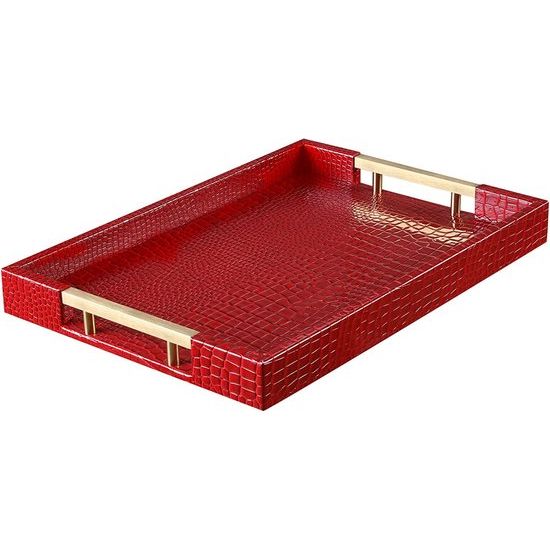 Dienblad van PU-leer, modern, elegant, rechthoekig, decoratief dienblad met metalen handvat, grote capaciteit, lederen serveerplaat voor eten, dranken, sieraden, sleutels, woonkamer, keuken, ijdelheid (karmijnrood)