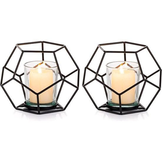 Theelichthouder Kaarshouder Metaal Zwart, 2 stuks Geometrische Theelichtjes Kaarshouder Zwarte Theelichtkaarshouder Lantaarn Moderne Decoratie voor Tafeldecoratie Feest Bruiloft Woonkamer
