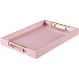 Dienblad van PU-leer, modern, elegant, rechthoekig, decoratief dienblad met metalen handvat, grote capaciteit, lederen serveerplaat voor eten, dranken, sieraden, sleutels, woonkamer, keuken, ijdelheid (krokodil, roze)