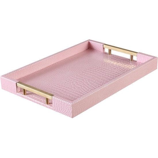 Dienblad van PU-leer, modern, elegant, rechthoekig, decoratief dienblad met metalen handvat, grote capaciteit, lederen serveerplaat voor eten, dranken, sieraden, sleutels, woonkamer, keuken, ijdelheid (krokodil, roze)